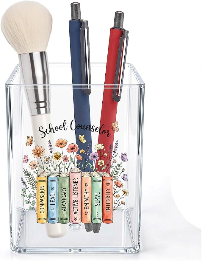 Cute Floral Book School Counselor Acrylic Cosmetic Pencil Pen Holder Cup School Counselor Gifts Decor for Home Office Desk Vanity Organizers and Accessories