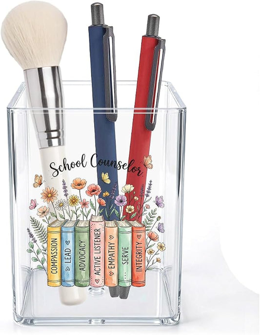 Cute Floral Book School Counselor Acrylic Cosmetic Pencil Pen Holder Cup School Counselor Gifts Decor for Home Office Desk Vanity Organizers and Accessories