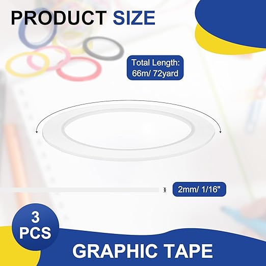 MECCANIXITY Whiteboard Tape 5/64" / 2mm Self Adhesive Graphic Chart Line Tape 72 Yard Grid Marking Stickers for Pinstripe Dry Erase Board Scrapbooking DIY Art Crafts, White, Pack of 3