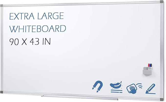SWANCROWN Magnetic Dry Erase Whiteboard 90 x 43 inches, Large White Board Dry Erase for Wall with Silver Aluminum Frame & Marker Tray for School Office Home, 230 x 110 cm