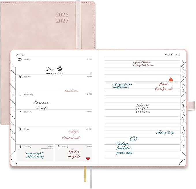 POPRUN Weekly Planner 2026-2027 (Medium 6.5''x 8.5'') Academic Calendar (JUL.26 - JUN.27) Appointment Book with Monthly Tabs, Leather Soft Cover, Inner Pocket, 100 GSM - Pink