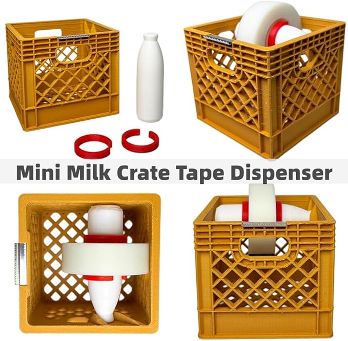 Mini Milk Crate Tape Dispenser - Cute Desk Accessories - Fun Office Supplies- Unique Unusual Desktop Organizer - Useful Novelty Practical Coworker Gag Gifts Vintage Decor Accents (Ochre Yellow)