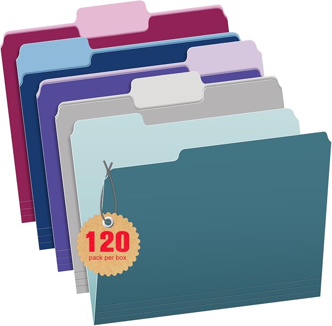 120 Pack Two Tone Color File Folders 8.5 x 11 Inch, 1/3 Cut Tab File Folder Letter Size, Assorted Colors, Teal Violet Gray Navy Burgundy Manila File Folder, School Business Office Folders for Document