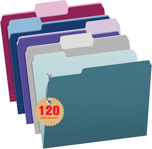 120 Pack Two Tone Color File Folders 8.5 x 11 Inch, 1/3 Cut Tab File Folder Letter Size, Assorted Colors, Teal Violet Gray Navy Burgundy Manila File Folder, School Business Office Folders for Document