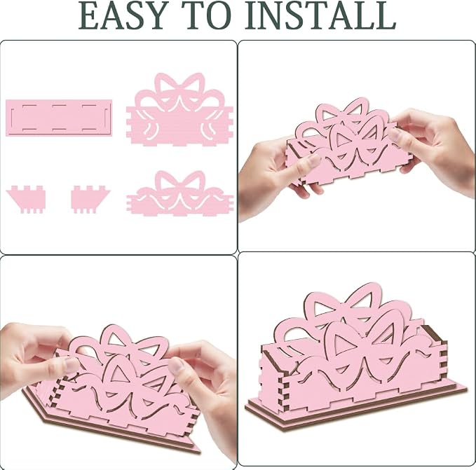 2Pcs Pink Bow Business Card Holder Desk 4.5 x 1.6 x 3.1 Inch Business Card Display Stand Cute Pink Bowknot Wooden Decorative Organizers for Office Desktop Home Room Tabletop Decorations