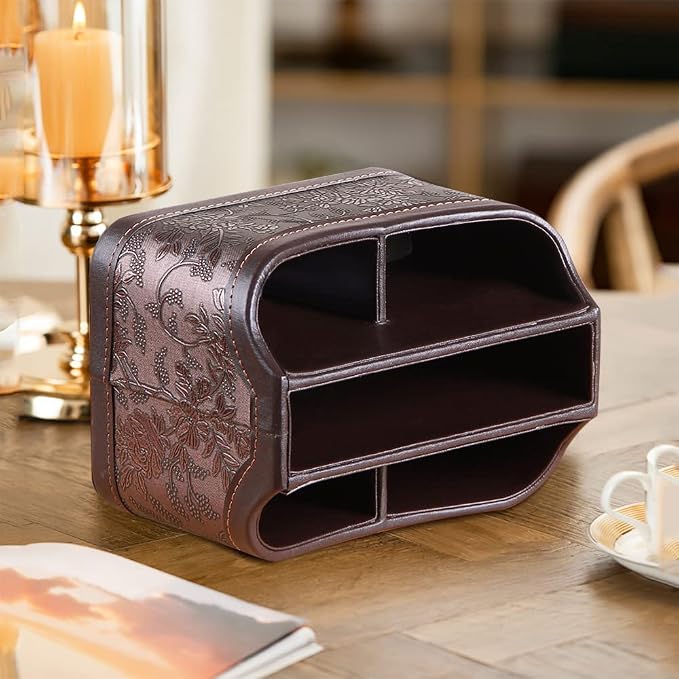 360° Rotating Remote Control Holder, PU Leather TV Remote Caddy Organizer Basket Storage Box with 5 Compartments for Pen, Pencil, Art Supplies, Makeup Brush, Office Desk Table Accessories