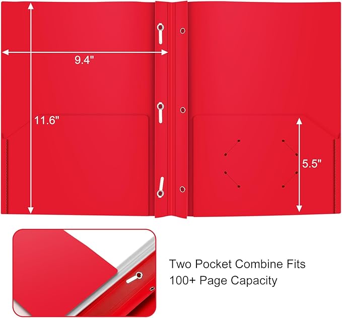 ViVin 12 Pack Plastic Folders with Pockets and Prongs, Heavy Duty 2 Pocket Folders with 3-Prong Fasteners, Poly File Holds 8-1/2" x 11" Paper for School Office Home (Red)
