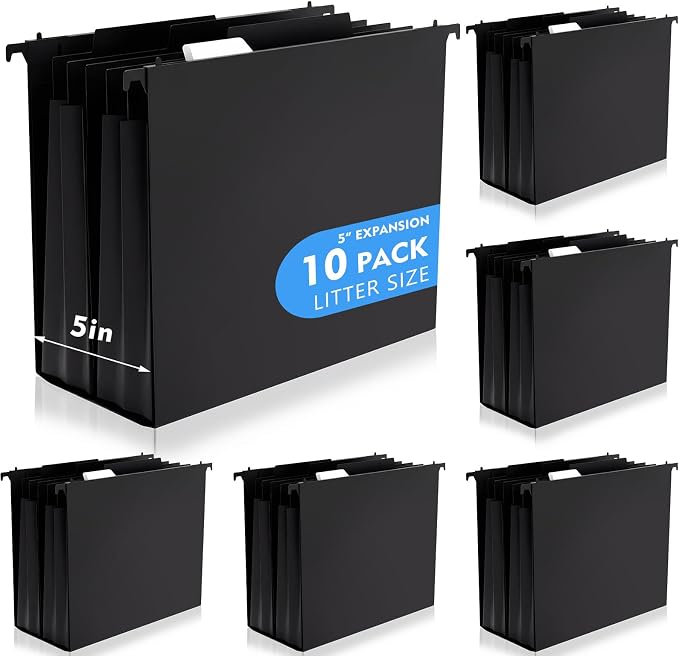10 Pcs Plastic Extra Capacity Hanging File Folders, 5 Inch Expanding Pocket with Movable Dividers, Letter Size Black File Folders with Insertable Tabs for Filing Cabinet