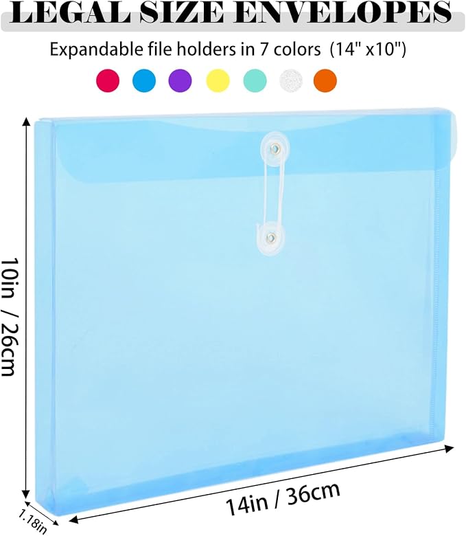 Legal Size Plastic Envelopes with String Tie Closure, 1-1/4" Expansion Clear Poly Envelope Side Loading File Folder Document Organizer for Legal Size Paper, Filing Folders, Office School Home (14)