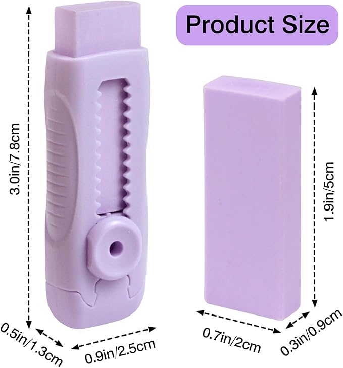 3+1 Pack Retractable Erasers – Soft Rubber Push-Pull Pencil Erasers with Plastic Sleeve & 3 Refills for School, Home, or Office (Purple)