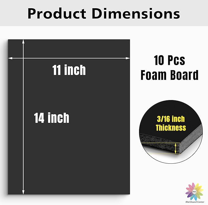 Mat Board Center Premium Black Foam Core Board - 11x14 Inches 3/16" Thick - 10 Pack - Acid-Free - Ideal for Mounting, Crafts, Art, and Presentations