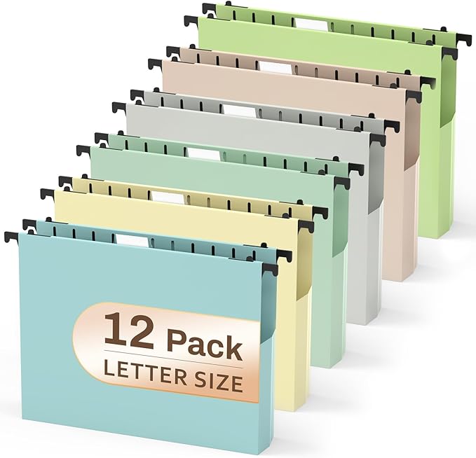 12 Pack Plastic Hanging File Folders, Letter Size Hanging File Folders 2" Expansion & 15x Tabs, File Folder Hang Folder for Filing Cabinet Drawer Office School Supplies, Pastel Folders