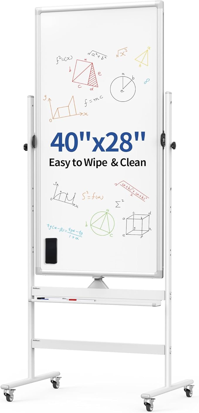Double-Sided 40" x 28" Mobile Whiteboard with Wheels | Rolling Magnetic Dry Erase Board on Stand | Adjustable Height Silver Frame White Board for Office, Classroom & Home