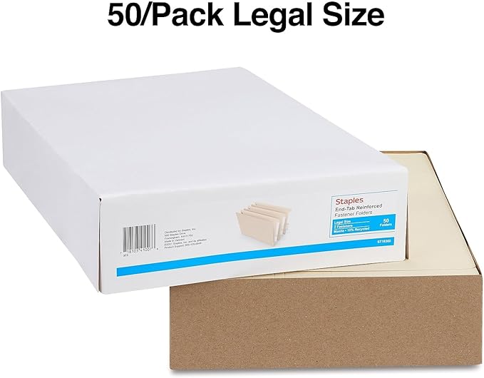 Staples End‑Tab Fastener Folders, Legal Size, Reinforced Tabs, Manila, Durable 2‑Fastener Design – 50/Box