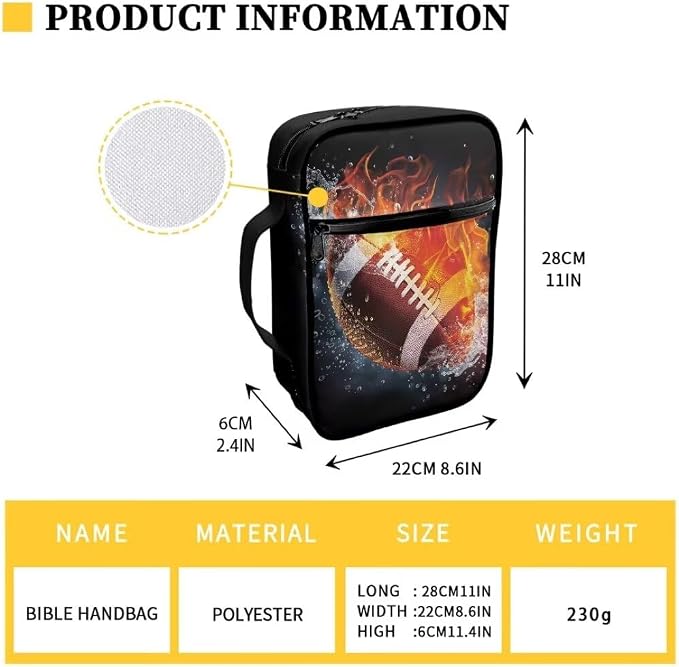 Coldinair Fire Water Football Bible Covers Bag for Men,Carrying Book Case Church Bag Bible Holder for Teens with Handle and Zippered Pocket