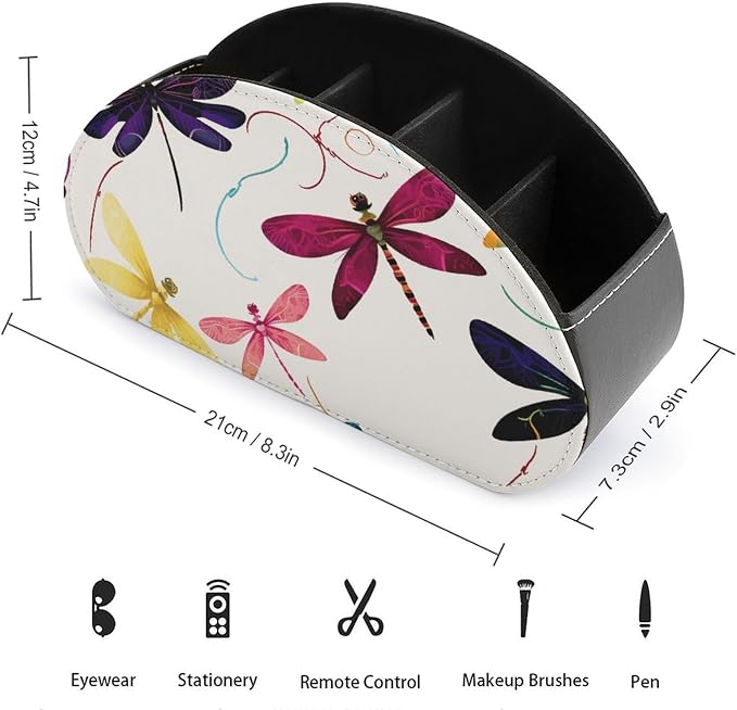 Colorful Dragonfly Remote Control Holder TV Remote Caddy with 5 Compartments PU Leather Storage Box Stylish Desk Organizer for TV/DVD/Accessories Desk Office Supplies Home