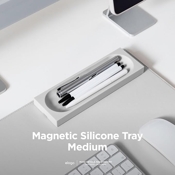 elago Smart Magnetic Desk Mat Pencil Tray – Soft Silicone Organizer for Office Supplies, AirPods, Glasses, Pens – Noise-Free, Non-Slip, Washable, Item for Desk Management [Medium] (Light Grey)
