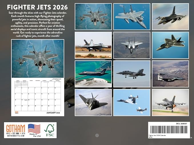 Fighter Jet Calendar 2026 Airplane Jets Aviation Monthly Wall Calender 12 Month | American Made In The USA