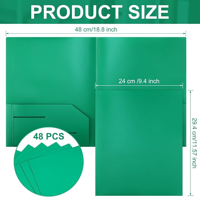 Fulmoon 48 Pack Plastic Folders with 2 Pockets Bulk 11 x 9 Inch Heavy Duty File Pocket Folders and 4 Card Slots Fit Letter Size Paper Cards for Back to School Office Home Supply(Green)