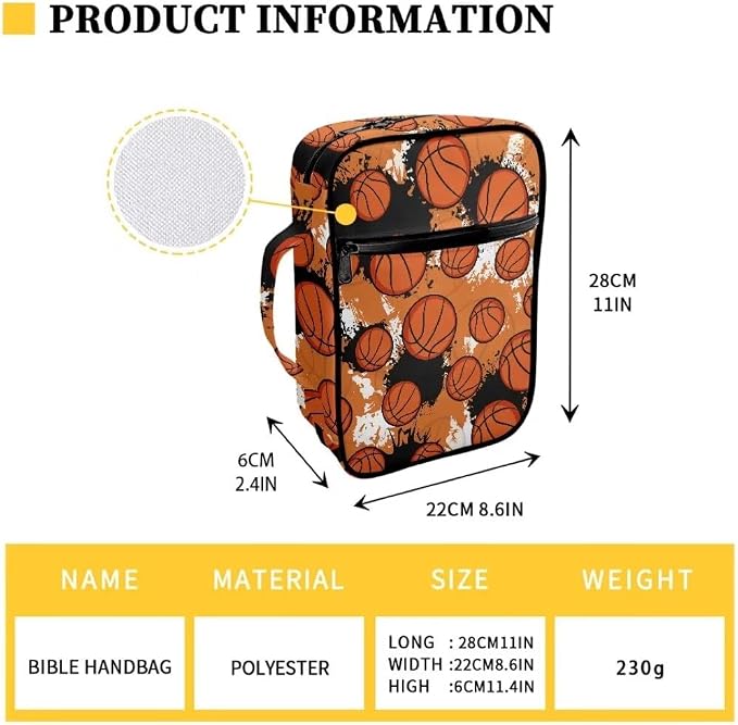 Coldinair Basketball Bible Cover Case for Men,Kids Carrying Book Cover Bible Holders with Handle and Zippered Pocket,Fits for Standard/Large Size Bible