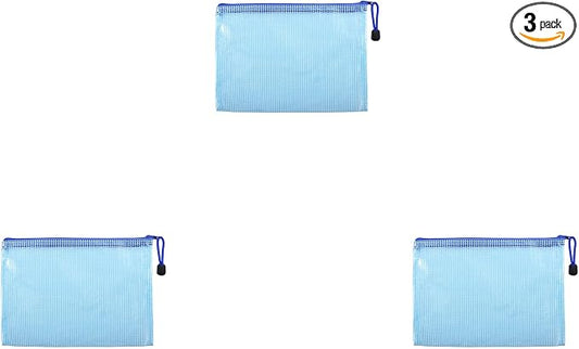 3 Pcs 3.74" x 5.31" B8 Sizes Mesh Zipper Pouch Bags, Mesh Bags with Zipper，Waterproof Clear Document Pouch for Organization Puzzles Travel, Office, Classroom Organization, B8 Blue