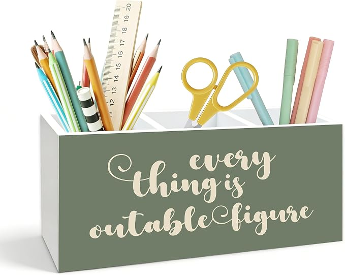 Everything Is Figureoutable Motivational Pen Holder for Desk, Inspirational Gifts for Women Men Coworkers Wooden Box Pencil Pen Holder Organizer for Home Office Desk Accessories