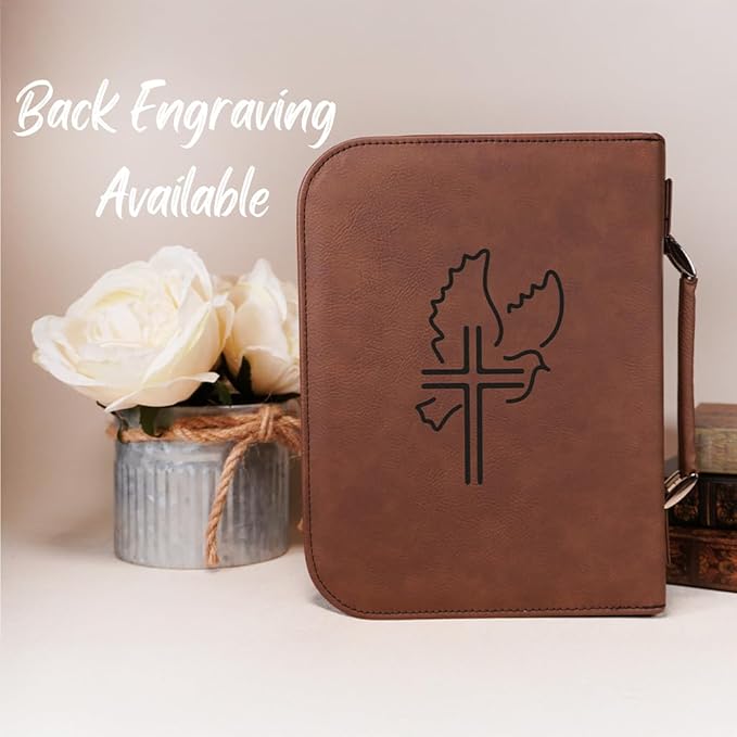 Personalized Vegan Leather Zippered Bible Cover – Custom Engraved Scripture Journal Case with Handle, Pen Holder & Pocket – Fits Large & Medium Bibles