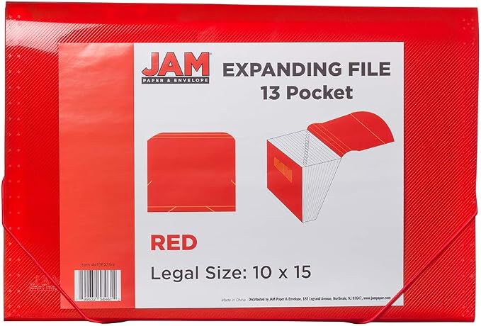 JAM PAPER Accordion Folders - 13 Pocket Plastic Expanding File - Legal Size - 10 x 15 - Red - 2/Pack