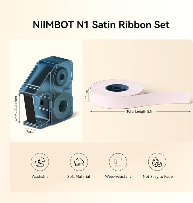 NIIMBOT N1 Satin Ribbon Label, 14mmx5.1m Pink Satin Ribbon, N1 Label Printer Ribbon for Gift, Wedding, Party Decor, Craft Work (Pink)