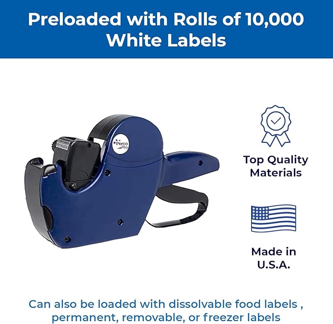 Perco Pro 1-Line Price Gun with Labels Kit - Includes 1-Line 8-Characters Price Labeler Gun, 10,000 Blank White Labels, a Label Scraper & a Pre-Loaded Ink Roll Bundled with Perco Labeler Gun Clip