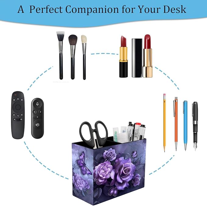 Pen Holder and Anti-Slip Mouse Pad Combination, Makeup Brush Storage Box, Tableware Storage Box, Suitable for Office and Home - Purple Rose