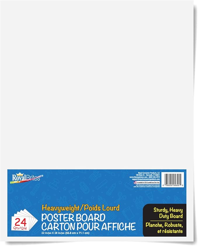 White Heavyweight Poster Board, 2-Sided 22x28 for School Projects, Arts & Crafts, Water & Fade Resistant Posterboard for Signs & Presentations, 24 Count
