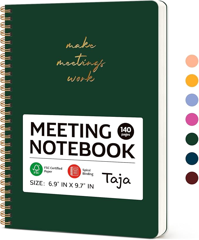 Meeting Notebook for Work Organization - Work notebook with action items, Meeting Minutes Planner Notebook, Perfect Office Supplies for Men & Women - Dark Green