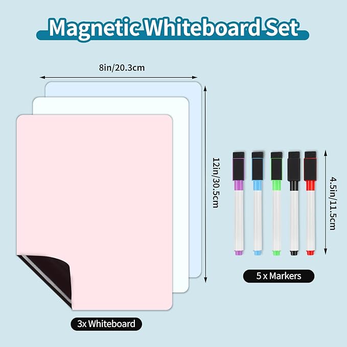 3 Pack Magnetic Dry Erase Board, 12in x 8in Erasable Refrigerator White Board/Planner, Dry Erase Board Magnetic for Home Kitchen Memo Grocery List, Grocery List, 5 Markers and Eraser