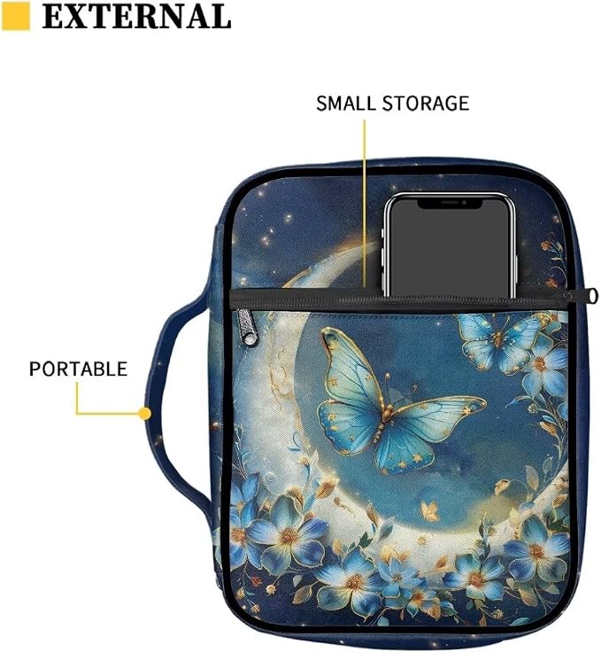 Coldinair Moon Butterfly Bible Cover for Women Girls Nylon Bible Holder Carrier Carrying Organizer Bible Bag, Zipper and Pockets for Standard Large Size Bible