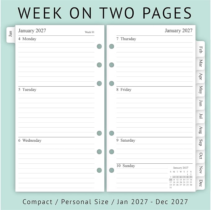 newestor 2027 Weekly & Monthly Planner Refill, 3-3/4" x 6-3/4", Jan 2027 - Dec 2027, Personal/Compact/Size 3