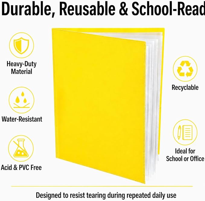 Ultra PRO - 50 Pack Yellow Heavy Duty 2-Pocket Folders with 6 Clear Internal Pages, Waterproof Poly Project Organizer for School and Office, Fits 8.5 x 11 Letter Size, Customizable Clear Covers
