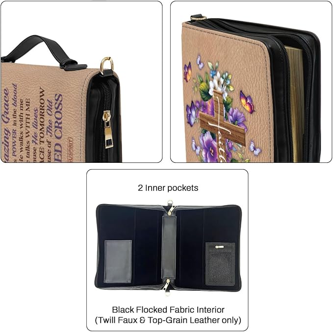 Jesuspirit Jeuspirit Bible Covers - Leather Bible Organizer Case - Bible Book Carrier Bag With Zipper - Christian Gifts For Women - Bible Holder Bag, Bible Carrying Case Large Size (Amazing Grace)