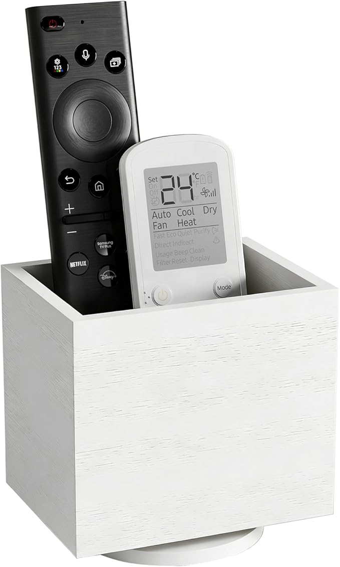 360° Rotating Remote Control Holder, Wooden TV Remote Holder for Table, Desk Organizer Caddy Media Storage Box Ideal for Living Room, Bedroom, Office Desk (White)