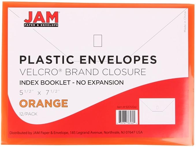 JAM PAPER Plastic Envelopes with Hook & Loop Closure - Index - 5 1/2 x 7 1/2 - Orange - 12/Pack