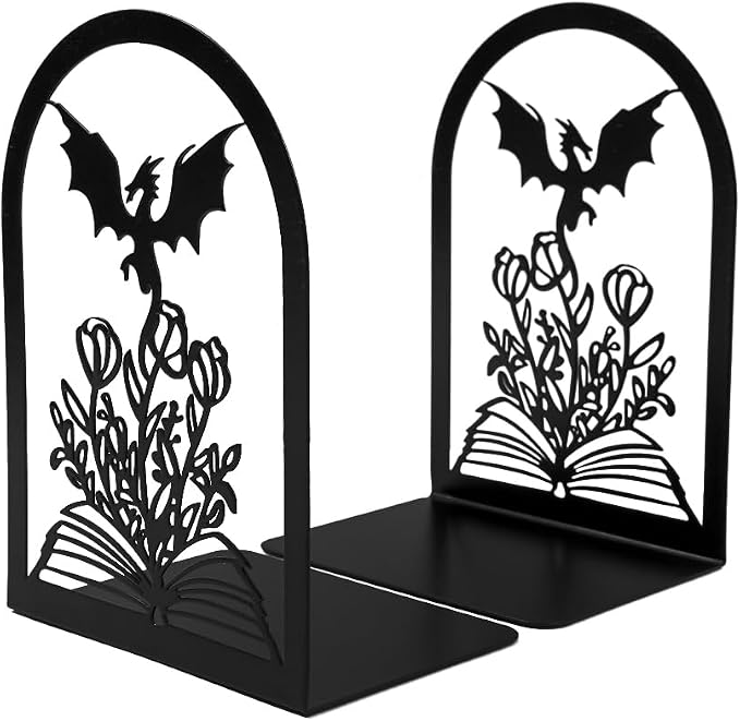 Book Ends, Bookends, Book Ends for Shelves, 1 Pair Non Skid Metal Book Divider Decorative Holder, Abstract Art Desgin Book Stopper Supports for Office, Home (Dragon A)