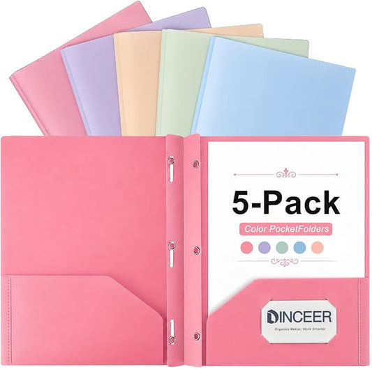 Plastic Pocket Folders with Prongs, Heavy Duty 2 Pocket Poly Folder Set, Bright Assorted Colors, Letter Size 8.5 x 11, Metal Fasteners, Business Card Slot (5, Morandi)