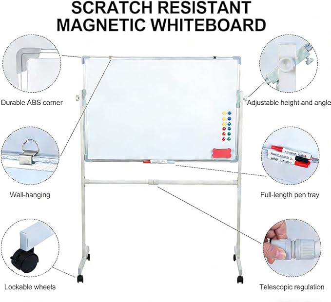 hatleues Magnetic Whiteboard with Stand- 36" x 24" Double-Sided Rolling White Board Mobile Dry Erase Board on Casters for Office, Classroom, Home & Presentations - Includes Marker & Eraser 60x90cm