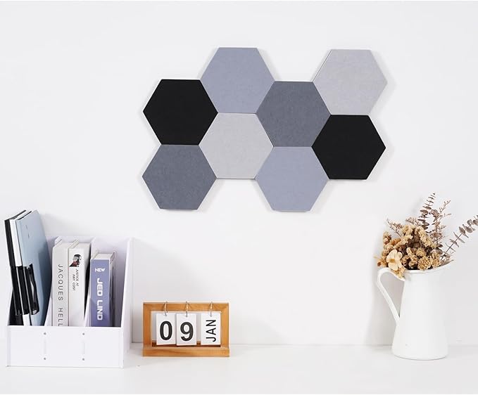 8Pcs Hexagon Felt Cork Board Tiles Self Adhesive Bulletin Board, Pin Board for Wall Decor Memos Photos Display (Set Q)
