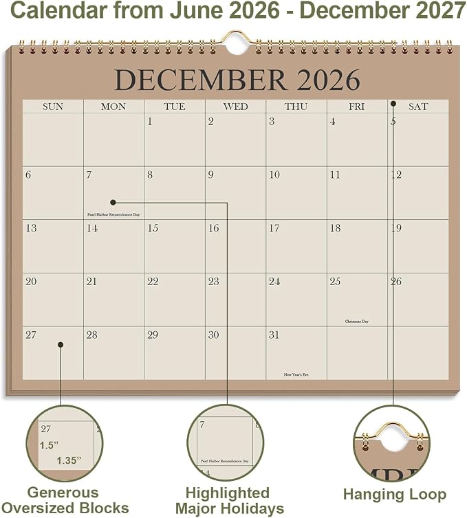 2026-2027 Calendar - Wall Calendar 2026-2027 from June 2026 Until December 2027,19 Months Calendar with Premium Paper, Twin-Wire Binding & Hanging Hook, 8.5" x 11", Green