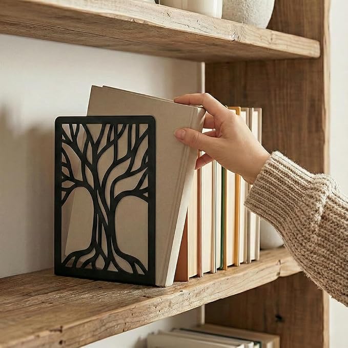 2 Pcs Black Bookends, Sturdy Metal Bookends for Shelves Decorative Book Organizer with Unique Tree Design for Home Library Office Desk