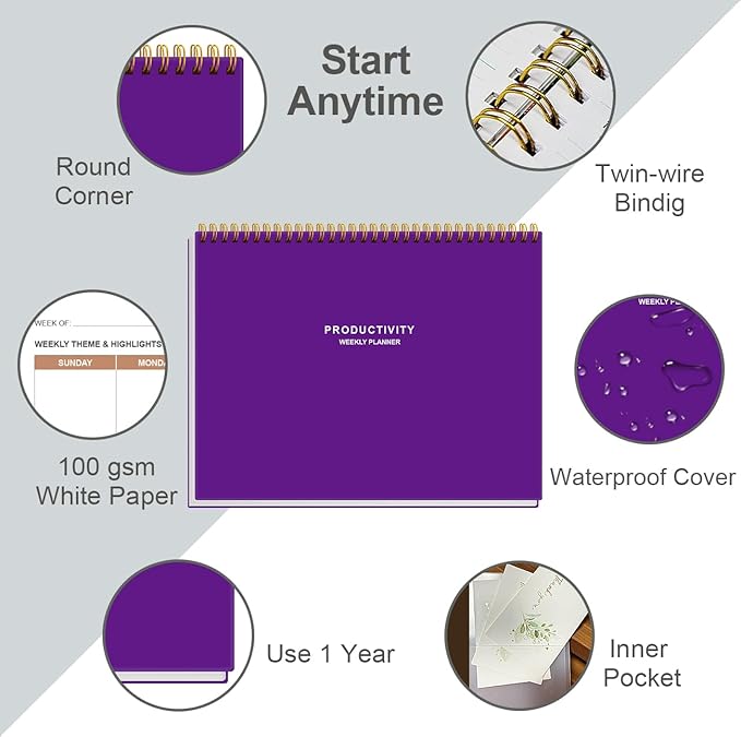 Weekly Productivity Planner - 8.5" x 11" Dashboard Desk Notepad Has 6 Focus Areas to List Tasks for Goals, Projects, Clients, Academic or Meal-Organize Your Daily Work Efficiently, 54 Weeks, Purple