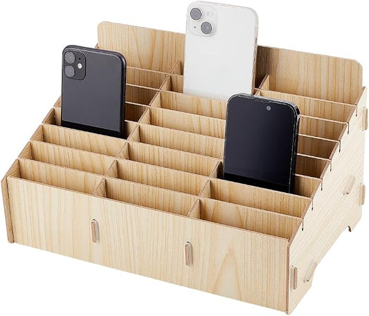 BENECREAT 24-Grid Wooden Cell Phone Storage Box, Beige Mobile Phone Management Storage Box Desktop Organizer for Office and School Supplies, Maple Wood Color