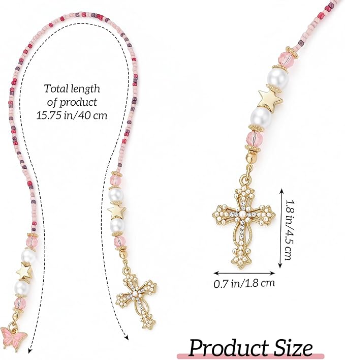 Vintage Pink Cross Beaded Bookmark - Butterfly Beads Book Mark for Women, Christian Religious Aesthetic Accessories Bookish Gifts for Booklovers Students Teachers