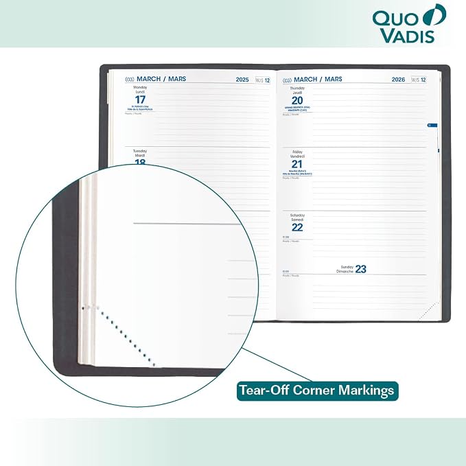 Quo Vadis 2026 Hebdo - Bi-Lingual (EN/FR) - Weekly/Monthly Planner - 12 Months, Jan. to Dec. - 6 1/4 x 9 3/8" - Grained Faux Leather Club Sage Covers - Productivity Time Management Organizer